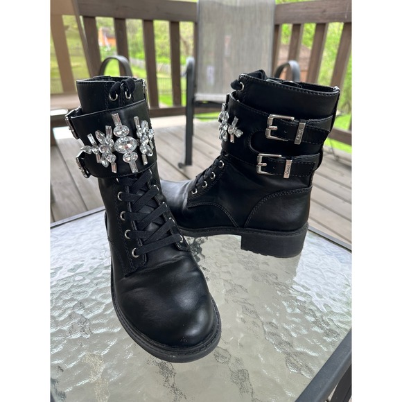 Circus by Sam Edelman Combat Boots Rhinestone Buckle Black Boots Size 7 - Picture 1 of 11